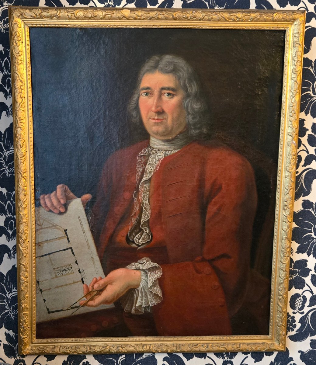 Portrait Of An Architect With Compass – Oil On Canvas, Signed And Dated 1757 – 18th Century
