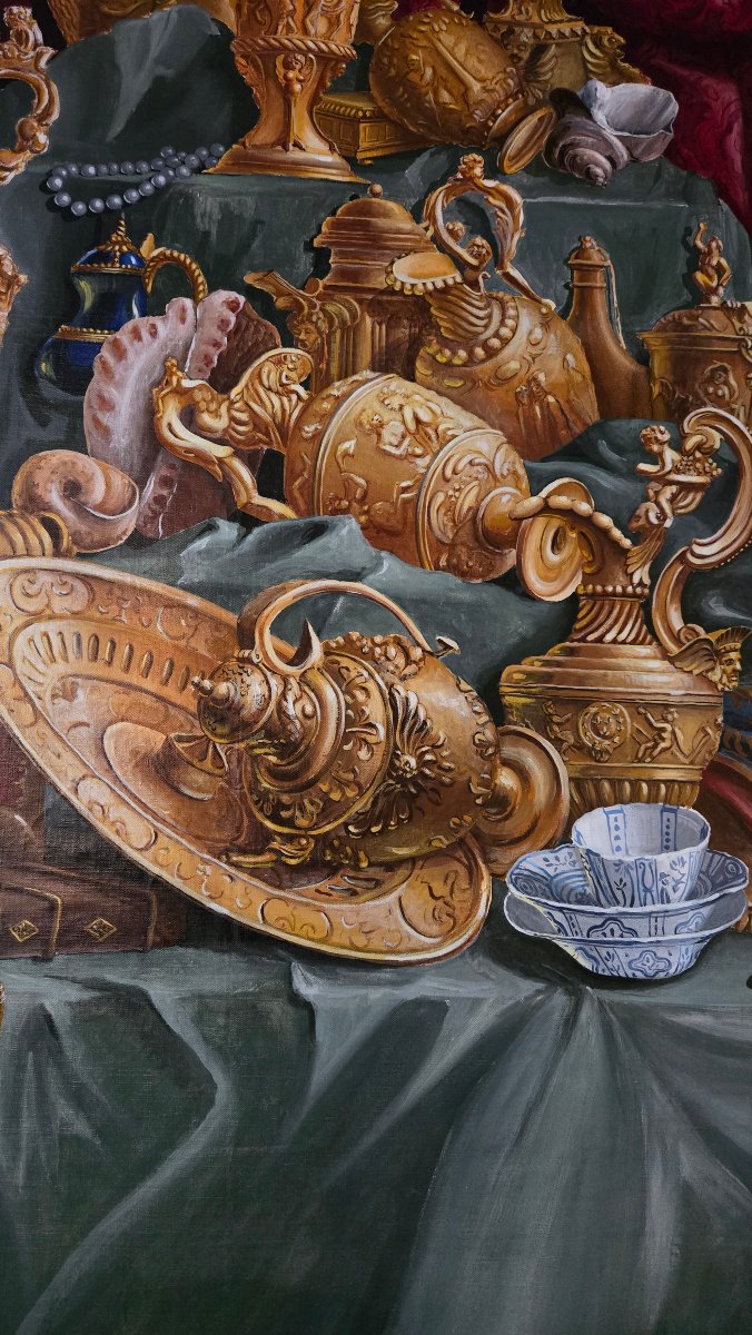 grande peinture de boiserie – nature morte d’apparat aux trésors d’orfèvrerie – début XXeme-photo-2