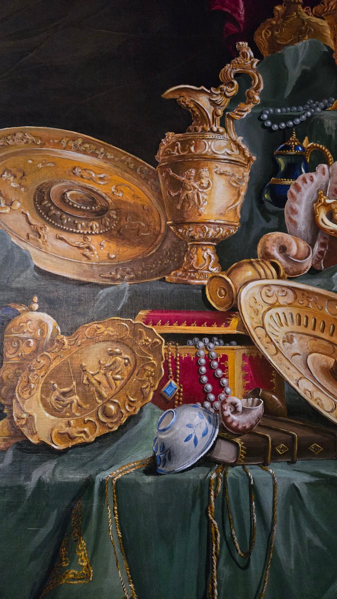 grande peinture de boiserie – nature morte d’apparat aux trésors d’orfèvrerie – début XXeme-photo-3