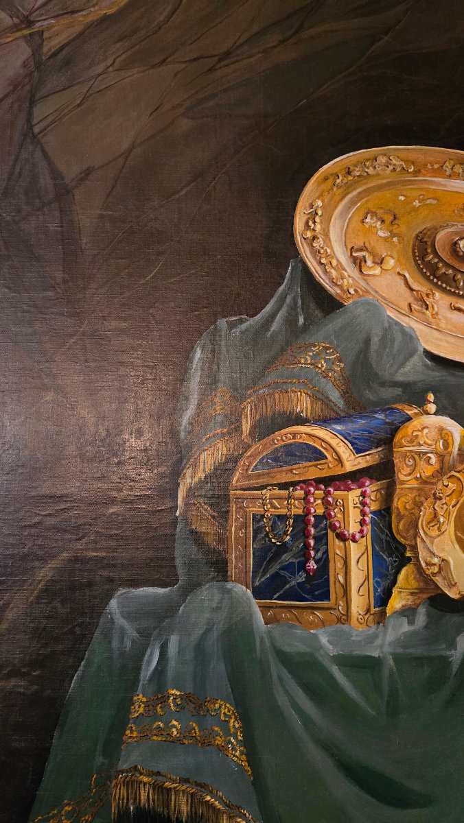 grande peinture de boiserie – nature morte d’apparat aux trésors d’orfèvrerie – début XXeme-photo-4