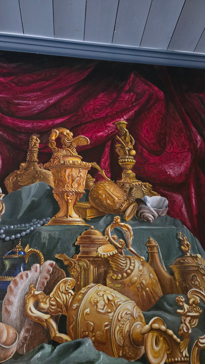 grande peinture de boiserie – nature morte d’apparat aux trésors d’orfèvrerie – début XXeme-photo-1