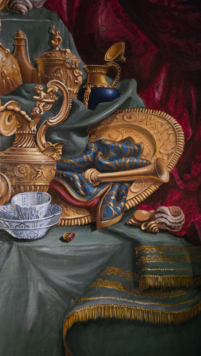 grande peinture de boiserie – nature morte d’apparat aux trésors d’orfèvrerie – début XXeme-photo-3