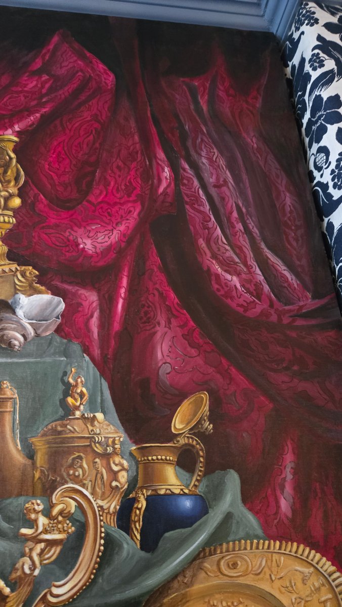 grande peinture de boiserie – nature morte d’apparat aux trésors d’orfèvrerie – début XXeme-photo-4