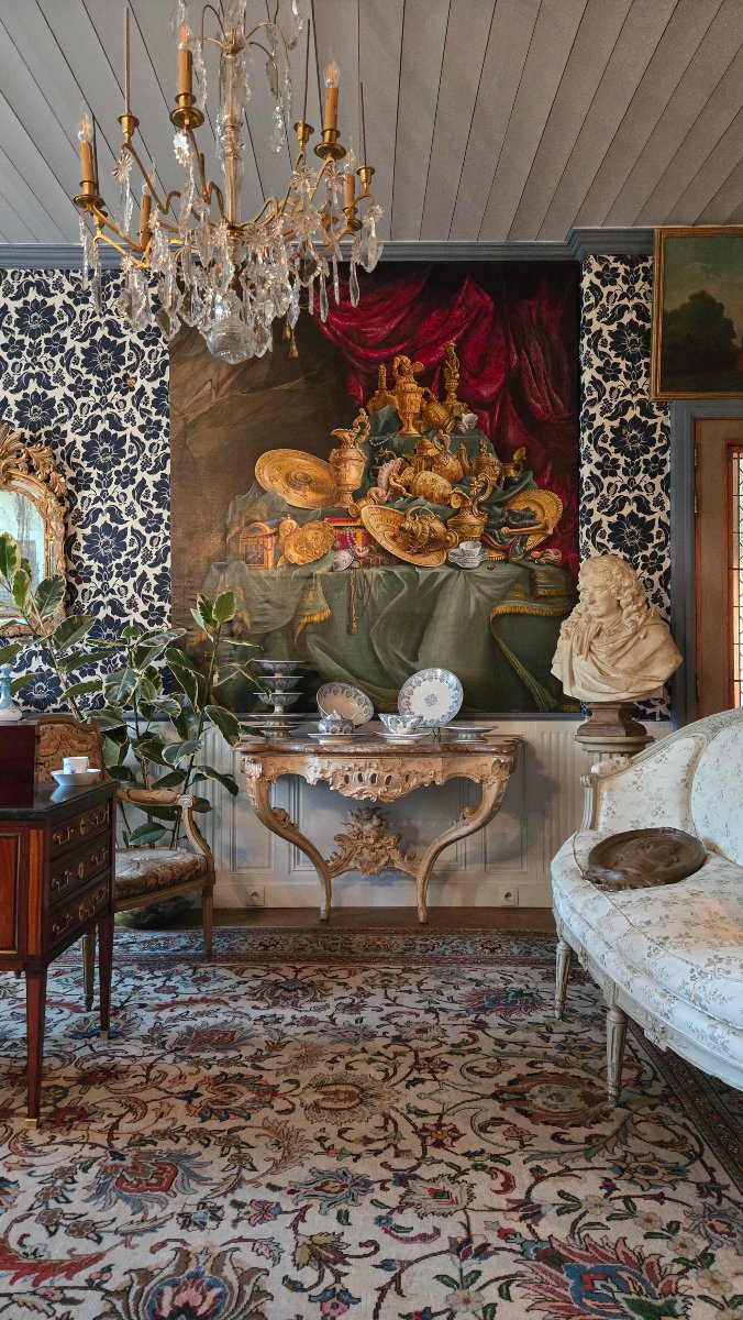 grande peinture de boiserie – nature morte d’apparat aux trésors d’orfèvrerie – début XXeme-photo-8
