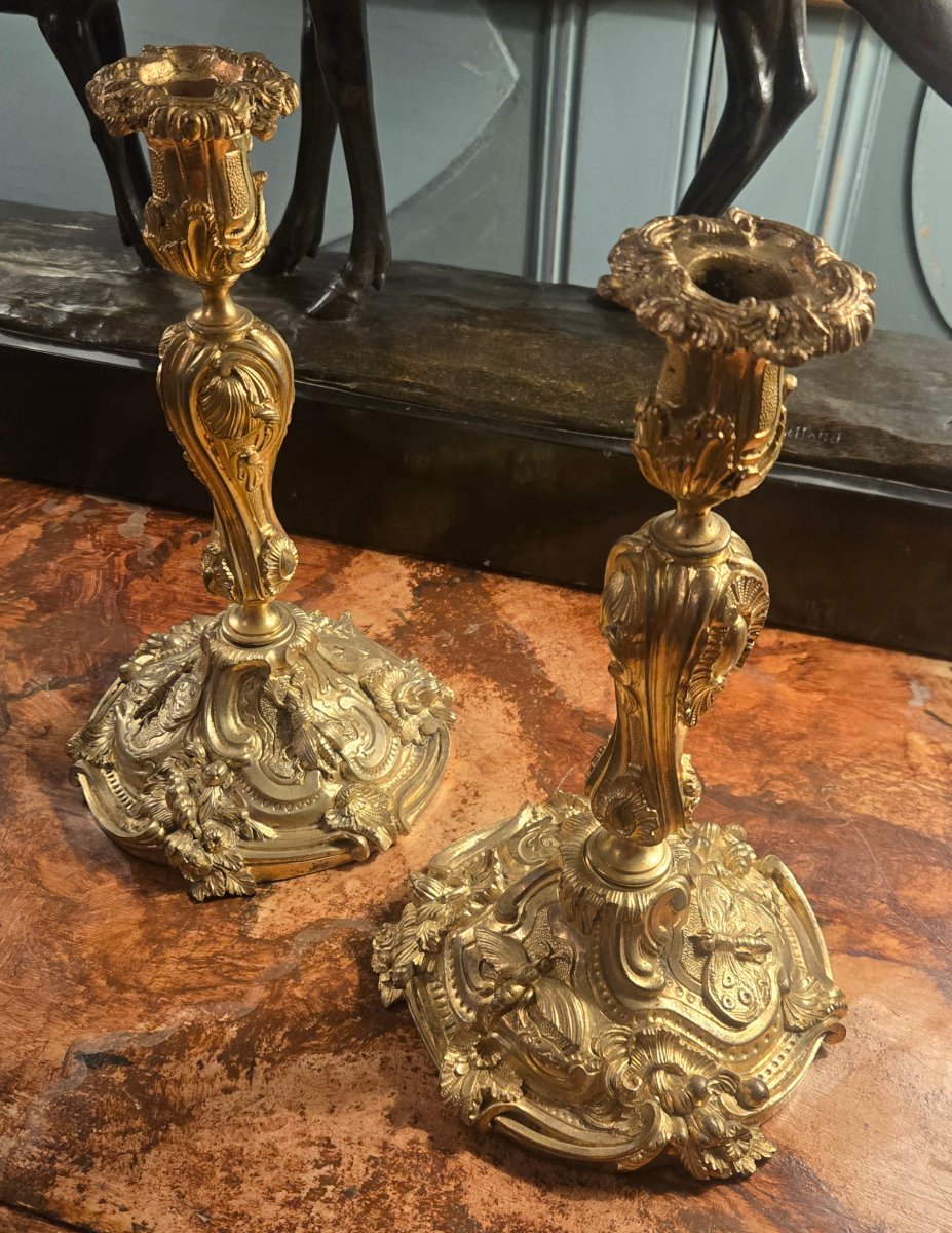 Pair Of Gilt Bronze Candlesticks With Insects – Versailles Model, Circa 1835