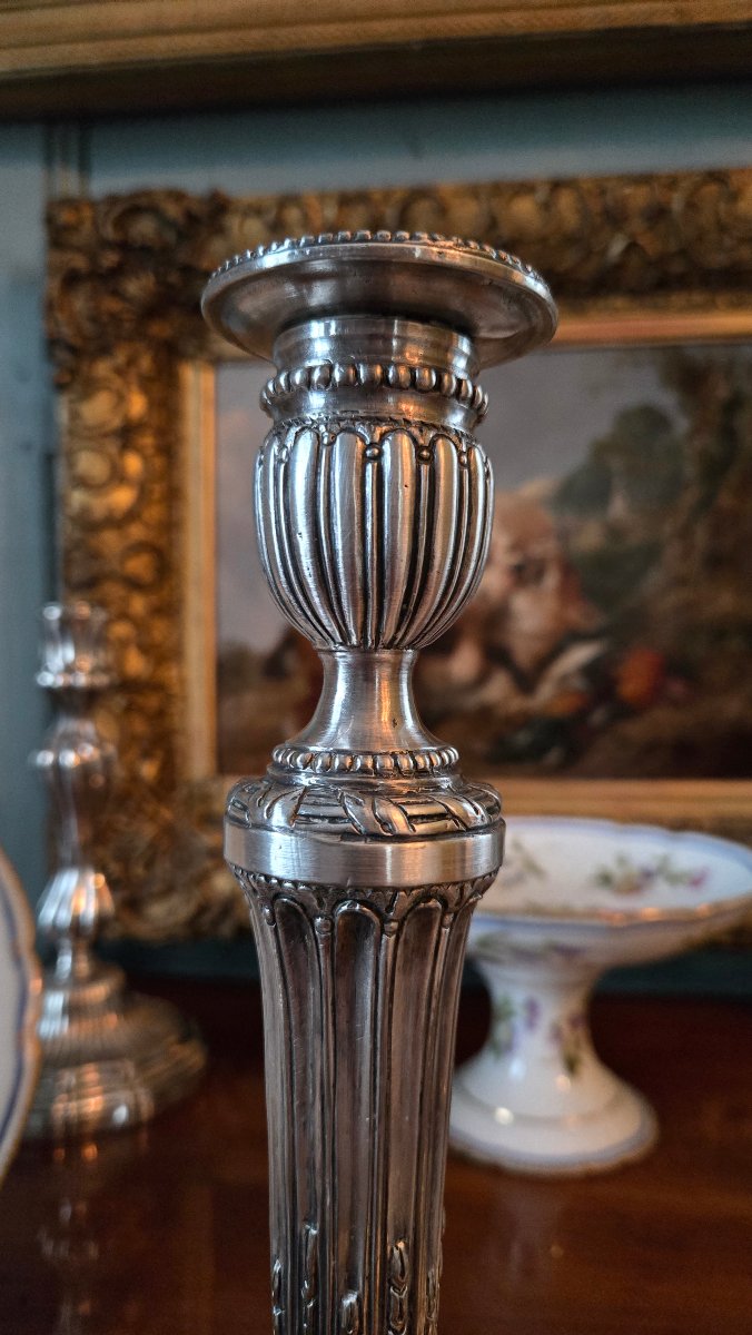 Pair Of Louis XVI Silver-plated Bronze Candlesticks – 18th Century-photo-3