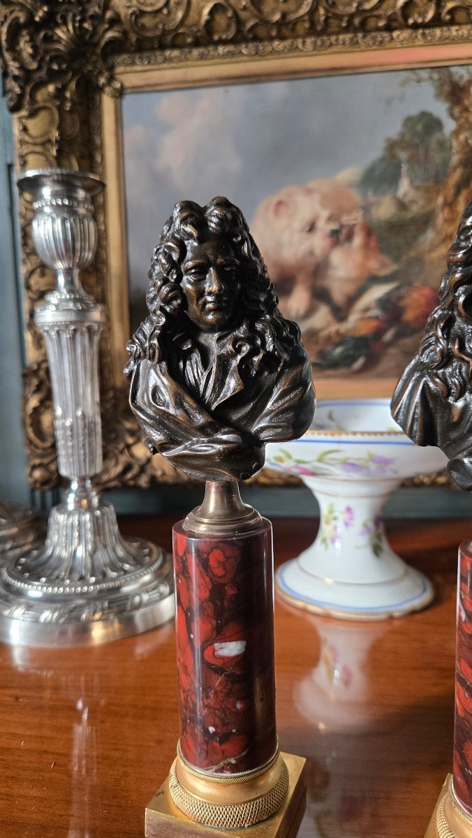 Paire de bustes de La Fontaine et Boileau – Bronze patiné et marbre griotte – XIXe siècle.   -photo-3