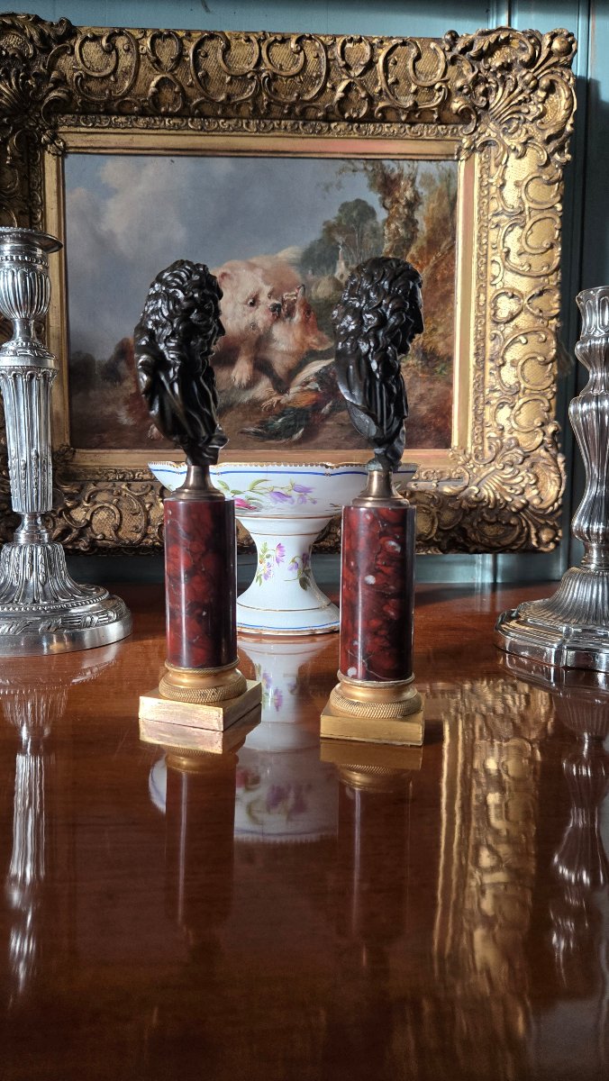 Paire de bustes de La Fontaine et Boileau – Bronze patiné et marbre griotte – XIXe siècle.   -photo-1
