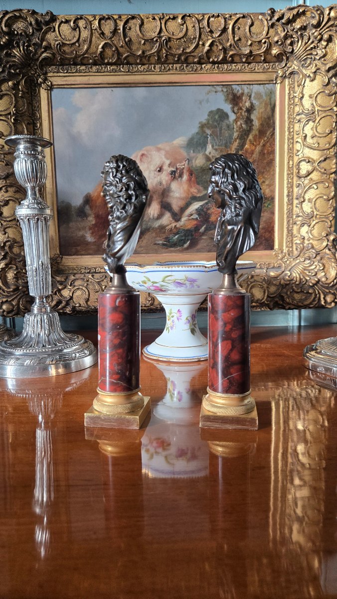 Paire de bustes de La Fontaine et Boileau – Bronze patiné et marbre griotte – XIXe siècle.   -photo-4