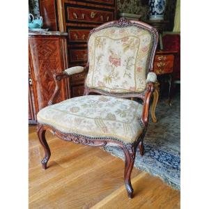 Queen's Armchair By Martin Delaporte, Louis XV Period Flat Back Armchair,