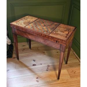 Louis XVI Style Games Table And Its Landscape Marquetry. 19th Century