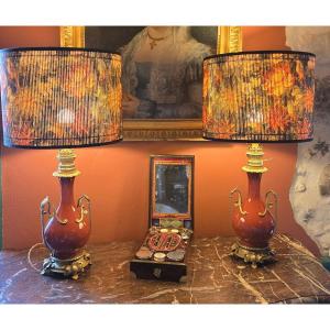 Paire De Lampe En Porcelaine Rouge Et Bronze, XIXeme 