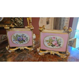 Pair Of Paris Porcelain Planters With Floral Decoration, 19th Century