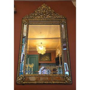 Large Mirror With Glazing Beads And Pediment In The 17th Century Style, Napoleon III Period. 