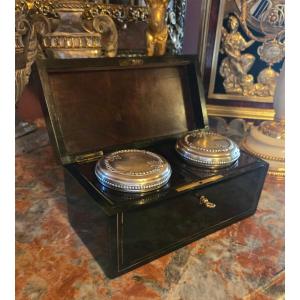Ointment Box In Blackened Wood And Brass, Cut Crystal And Solid Silver.