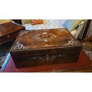 Rosewood Wedding Box With Engraved Copper, Pewter And Ivory Marquetry – 19th Century 