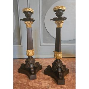 Pair Of Gilt Bronze And Patinated Bronze Candlesticks, Restoration Period.   