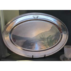Large Oval Silver-plated Metal Dish With A Comital Crown, Late 19th Century.  