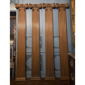 Pair Of Ionic Order Pilasters In Solid Oak – 20th Century.  