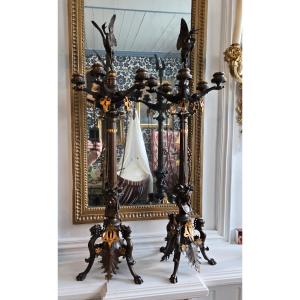 Important Pair Of Neo-greek Candelabra In Patinated And Gilded Bronze, 19th Century.  