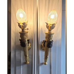 Paire d’appliques torchères en bronze Époque Napoléon III – Second Empire.