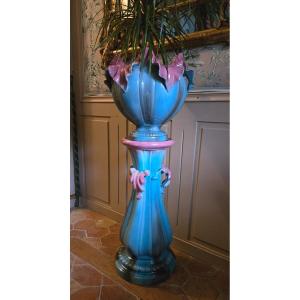 Cache-pot sur colonne Delphin Massier & Cie, Vallauris Vers 1900.  