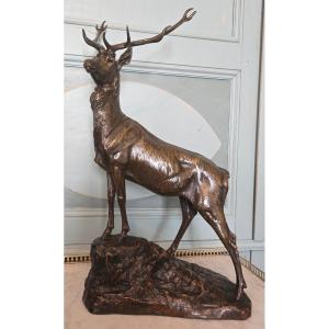 Stag With Ears In Bronze, Shaded Patina, Signed Maximilien Fiot (1886-1953).   