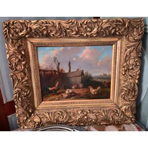 Farmyard Scene, 19th Century Belgian School, Oil On Mahogany Panel.