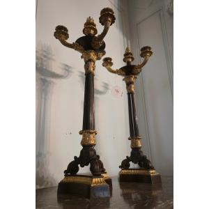 Pair Of Patinated And Gilt Bronze Candelabras, French Restauration Period.