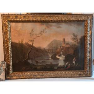 Animated Landscape With Fishermen In A Setting Of Torrent And Ruins In The Style Of C.j. Vernet.