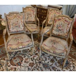 Suite Of Four Louis XVI Painted Armchairs, Upholstered With Beauvais Tapestries.