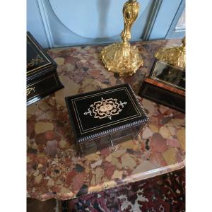 Napoleon III Period Box In Blackened Wood With Porcelain Bottles.