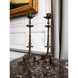 A Pair Of Neo-greek Candlesticks In Patinated Bronze, Signed By Paul-auguste Gagné (1824–1878).