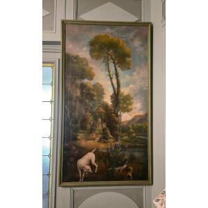 A Large Decorative Panel Depicting A Fantasy Landscape In The Style Of Christophe Huet.
