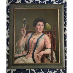 Charles Bertrand d'Entraygues (1850–1929) Portrait Of An Elegant Woman With A Parakeet. 