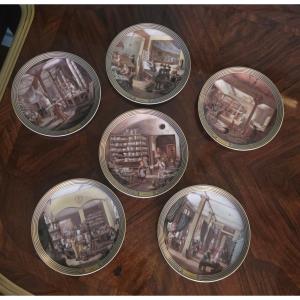 Six assiettes en porcelaine de Limoges, décor du Service des Arts industriels de Sèvres.