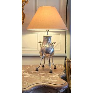 Silver-plated Metal Living Room Lamp, Crafted By Léon Lapar, Paris, 20th Century.