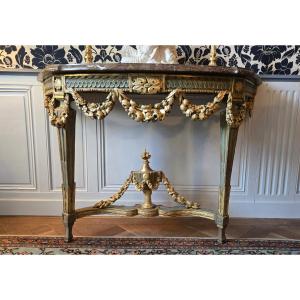 Large Louis XVI-era Console Table In Carved, Gilded, And Polychrome Oak.