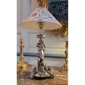 Silver-plated Bronze Living Room Lamp Featuring A Child Holding A Conch Shell, In The Neoclassical Style.  
