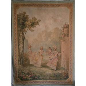 Grande peinture-tapisserie à scène de danse dans un parc, Vers 1880-1910 .