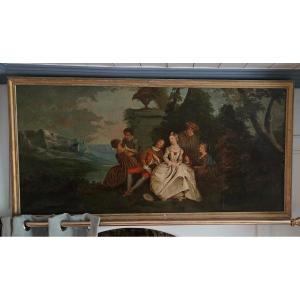 18th-century Overdoor Panel Depicting A Romantic Scene In A Park; The Panel Was Previously Enlarged.