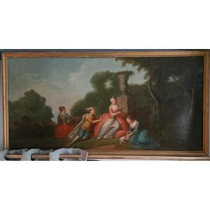 18th-century Overdoor Painting, A Romantic Scene In A Park: The Offering Of Flowers.