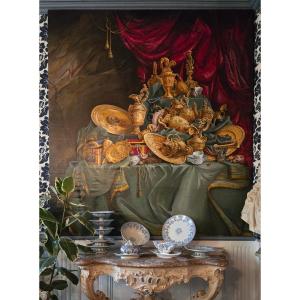 Monumental Decorative Oil Painting – Still Life With Silver And Precious Objects – Early 20th