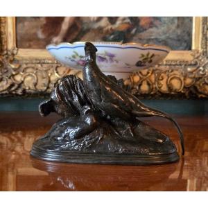 Auguste-nicolas Cain (1821–1894) – Pair Of Pheasants, Antique Bronze Match Holder, Circa 1860