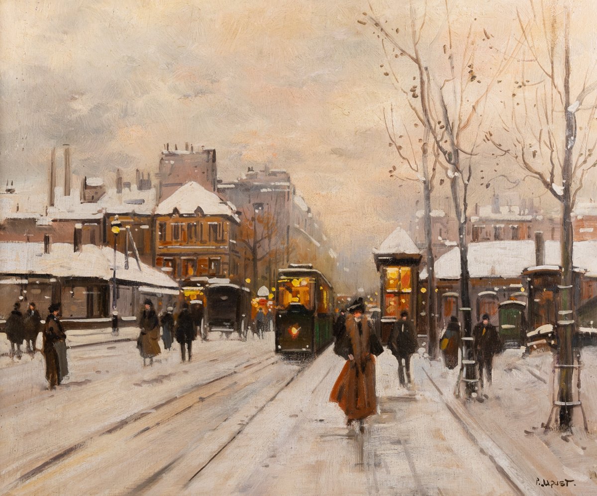 Pierre Jacquet (XXe siècle) :  Paris, les boulevards sous la neige » Huile sur panneau-photo-4