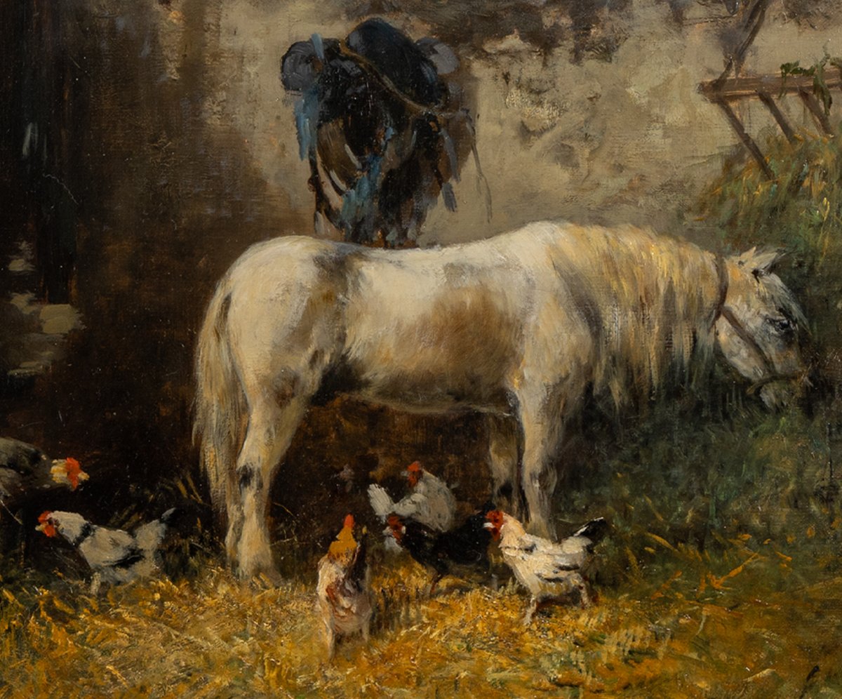 Alexandre Defaux (french, 1826-1900):  Pony At Stable With Chickens Oil On Canvas-photo-1