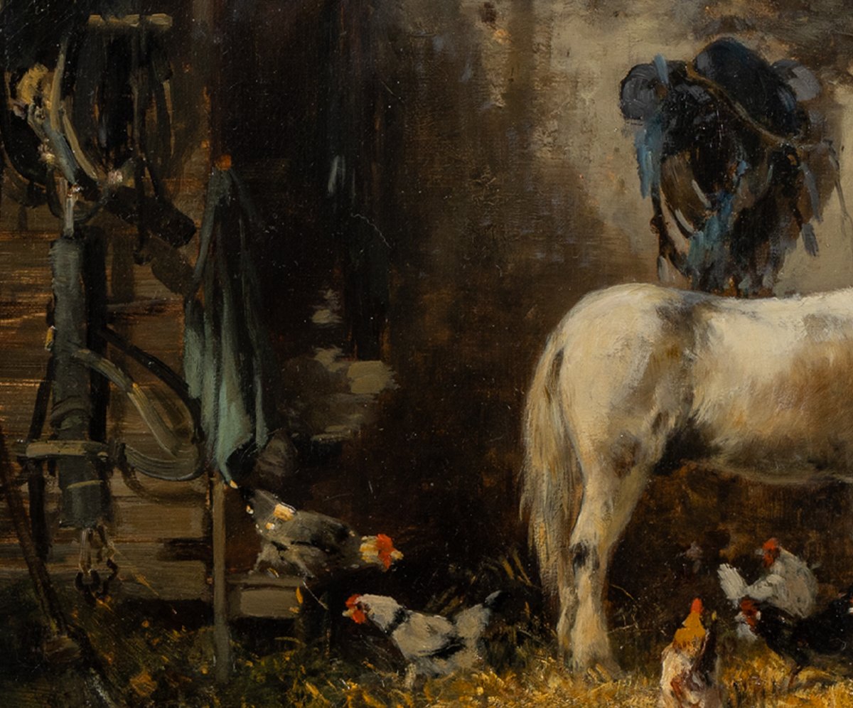 Alexandre Defaux (french, 1826-1900):  Pony At Stable With Chickens Oil On Canvas-photo-2