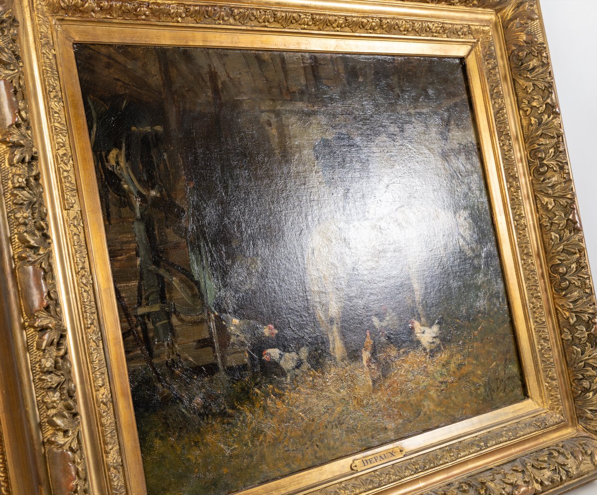 Alexandre Defaux (french, 1826-1900):  Pony At Stable With Chickens Oil On Canvas-photo-4