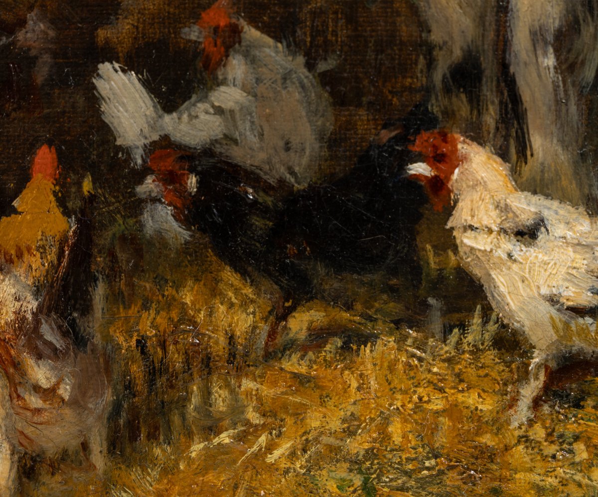 Alexandre Defaux (french, 1826-1900):  Pony At Stable With Chickens Oil On Canvas-photo-5