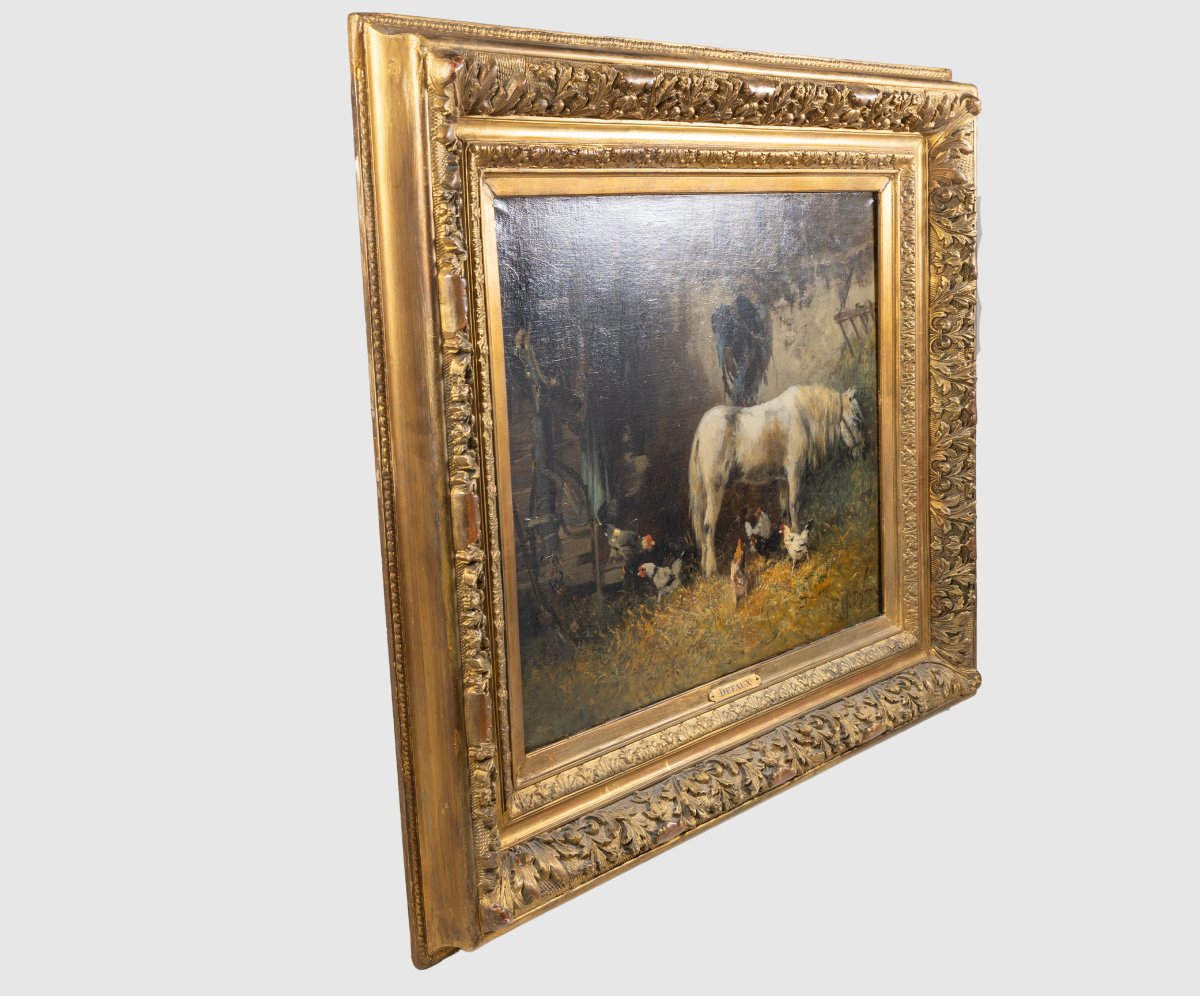 Alexandre Defaux (french, 1826-1900):  Pony At Stable With Chickens Oil On Canvas-photo-6